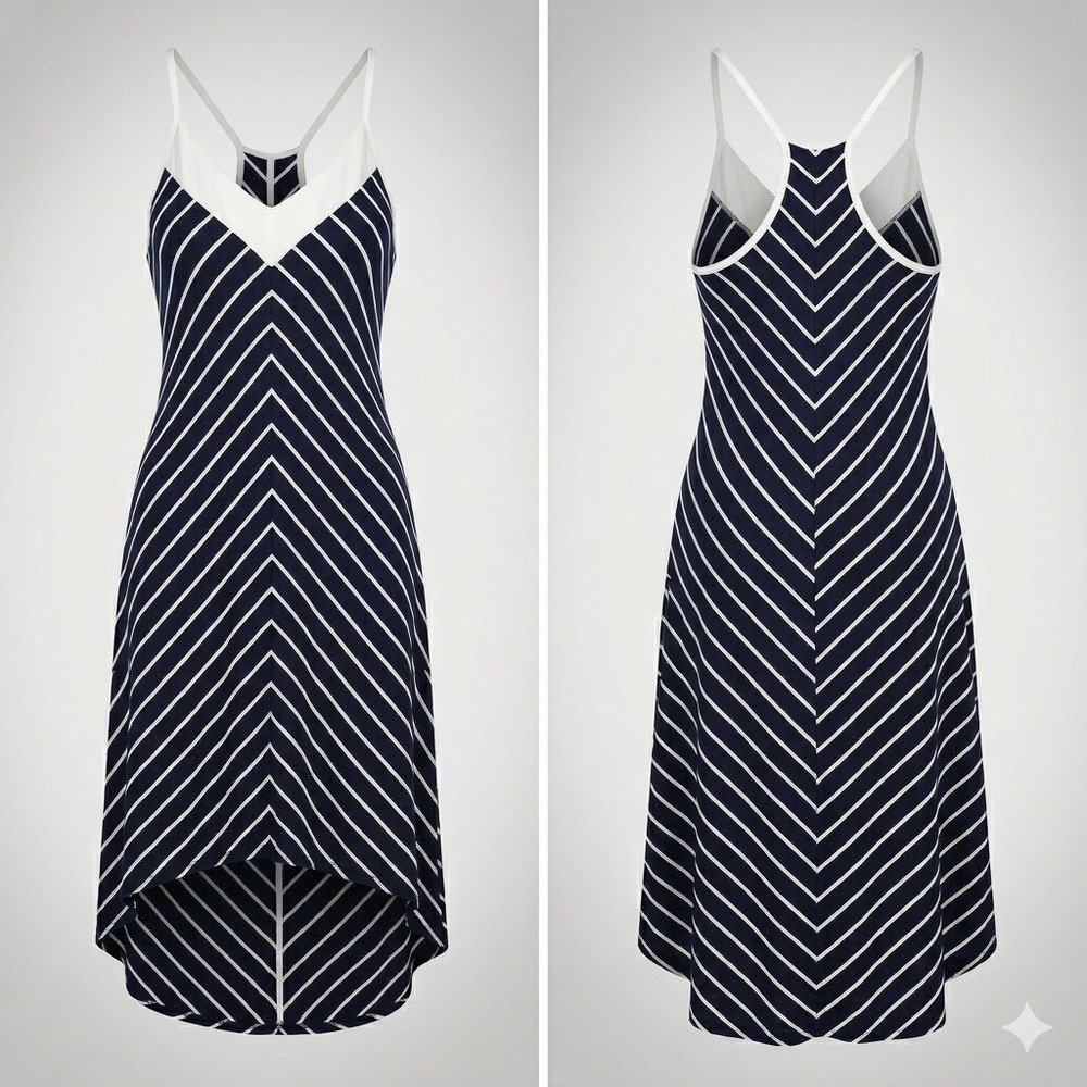 Laila Jayde Women Dress XL Navy White Chevron Stripe High Low Hem Rayon Spandex